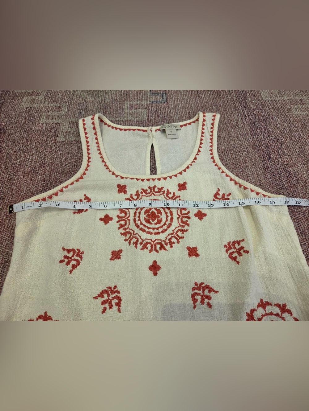 Lucky Brand embroidered boho tank rounded hem, cotton size medium - Picture 3 of 5